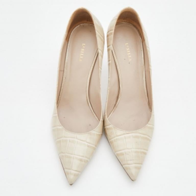Le Silla Off-White Croc Embossed Leather Eva Pointed Toe Pumps Size 36 In Good Condition In Dubai, Al Qouz 2