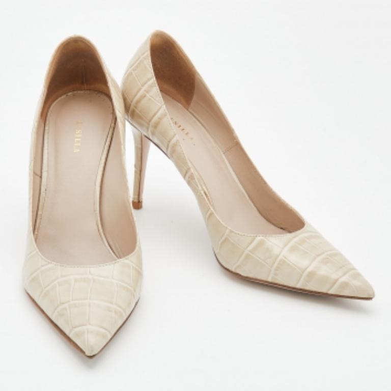 Women's Le Silla Off-White Croc Embossed Leather Eva Pointed Toe Pumps Size 36