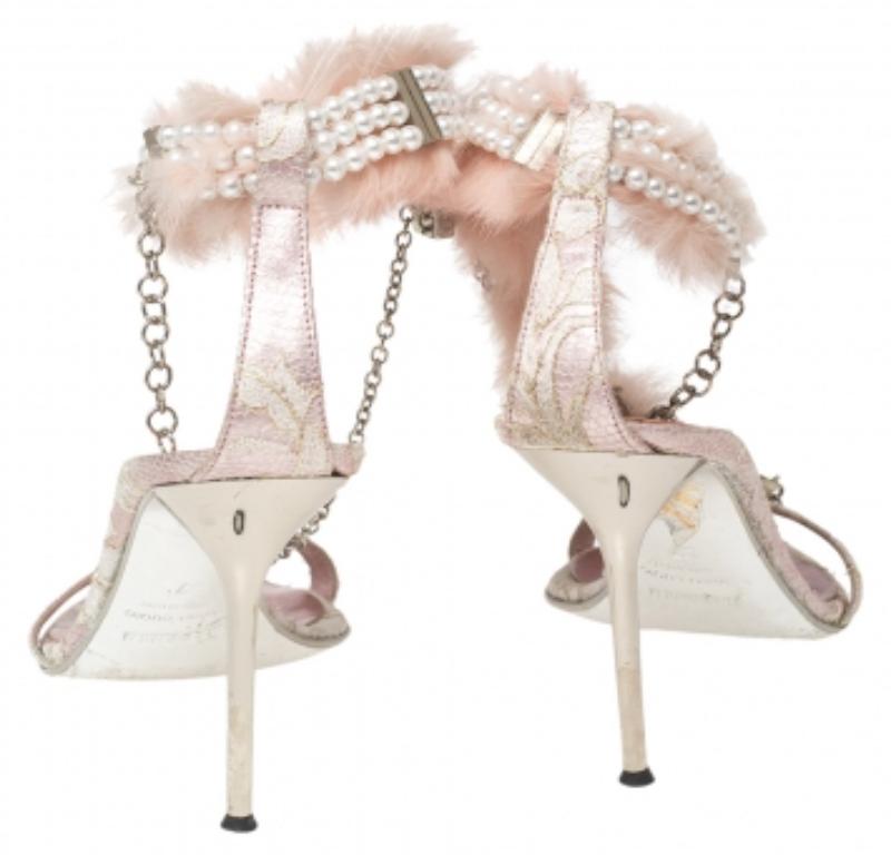 Beige Le Silla Pink Lace and Pearl Chain Embellished Fur T-Strap Sandals Size 37