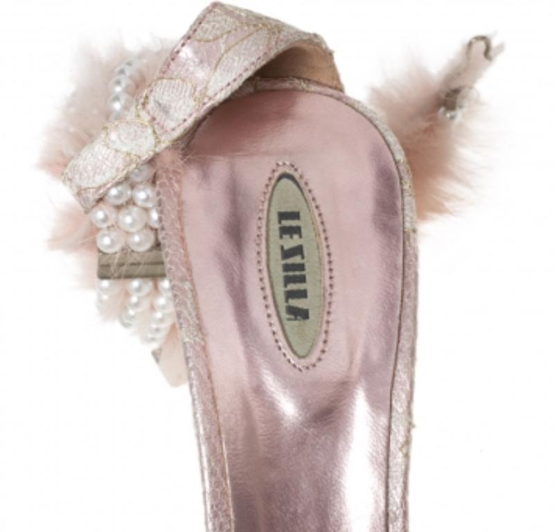 Women's Le Silla Pink Lace and Pearl Chain Embellished Fur T-Strap Sandals Size 37