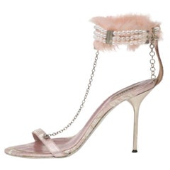 Le Silla Pink Lace and Pearl Chain Embellished Fur T-Strap Sandals Size 37
