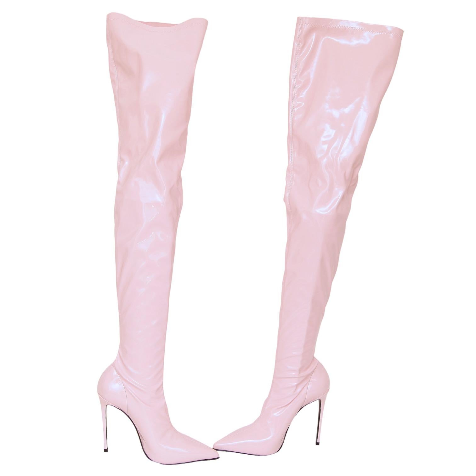 GUARANTEED AUTHENTIC LE SILLA EVA THIGH HIGH PINK STRETCH BOOTS

Retail excluding sales taxes $979.

Details:
- Pink patent leather uppers.
- Thigh high.
- Pointed toe.
- Pull on.
- Stiletto heel.
- Leather insole and sole.
- Comes with dust