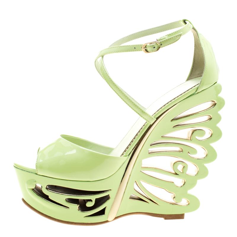 Le Silla Pistachio Green Patent Leather Butterfly Wedge Sandals Size 38.5 Damen