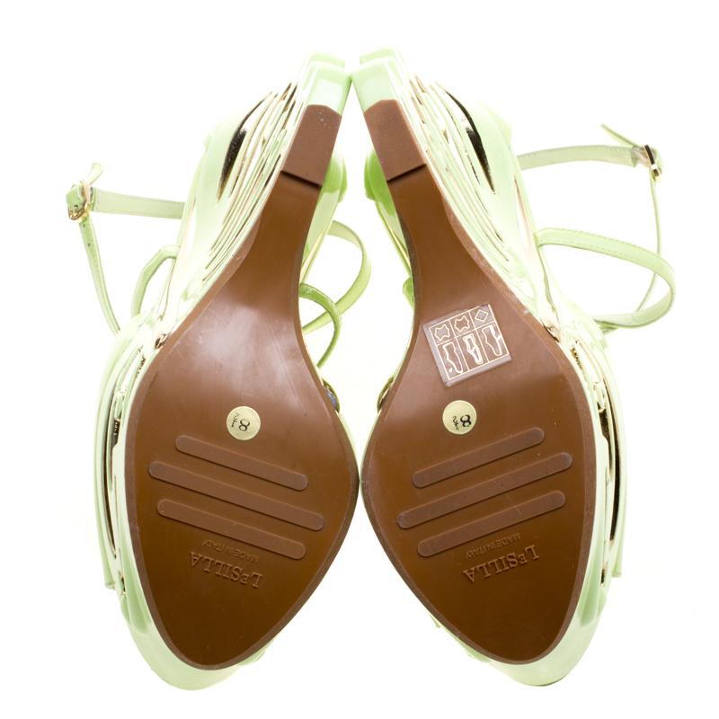 Le Silla Pistachio Green Patent Leather Butterfly Wedge Sandals Size 38.5 3