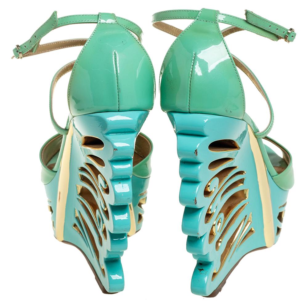 Le Silla Pistachio Green Patent Leather Butterfly Wedge Sandals Size 39.5 1