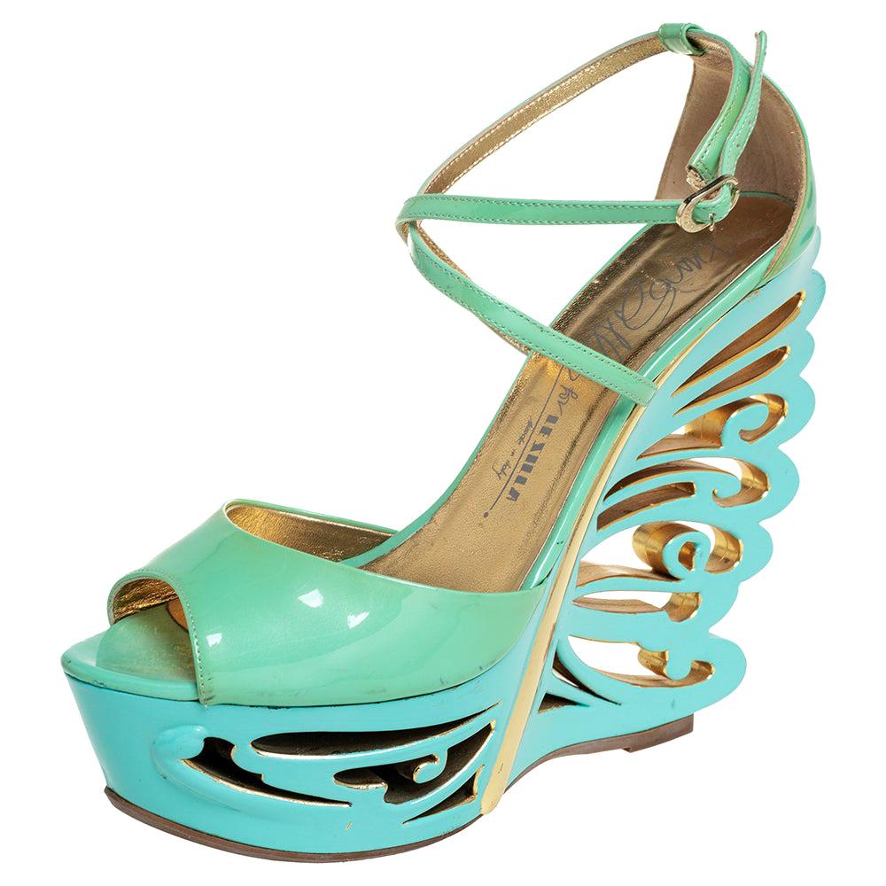 Le Silla Pistachio Green Patent Leather Butterfly Wedge Sandals Size 39.5