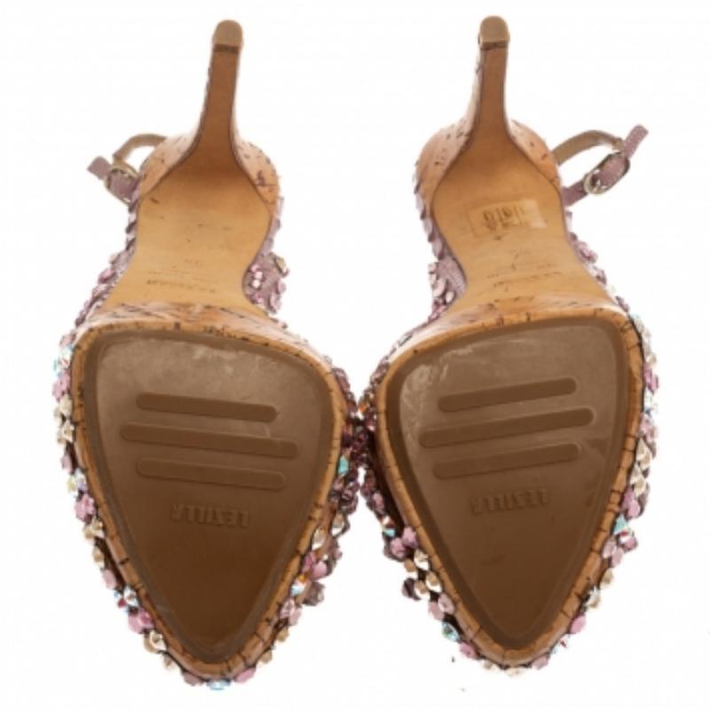 Brown Le Silla Purple Crystal Embellished Leather Peep Toe Platform Sandals Size 38 For Sale