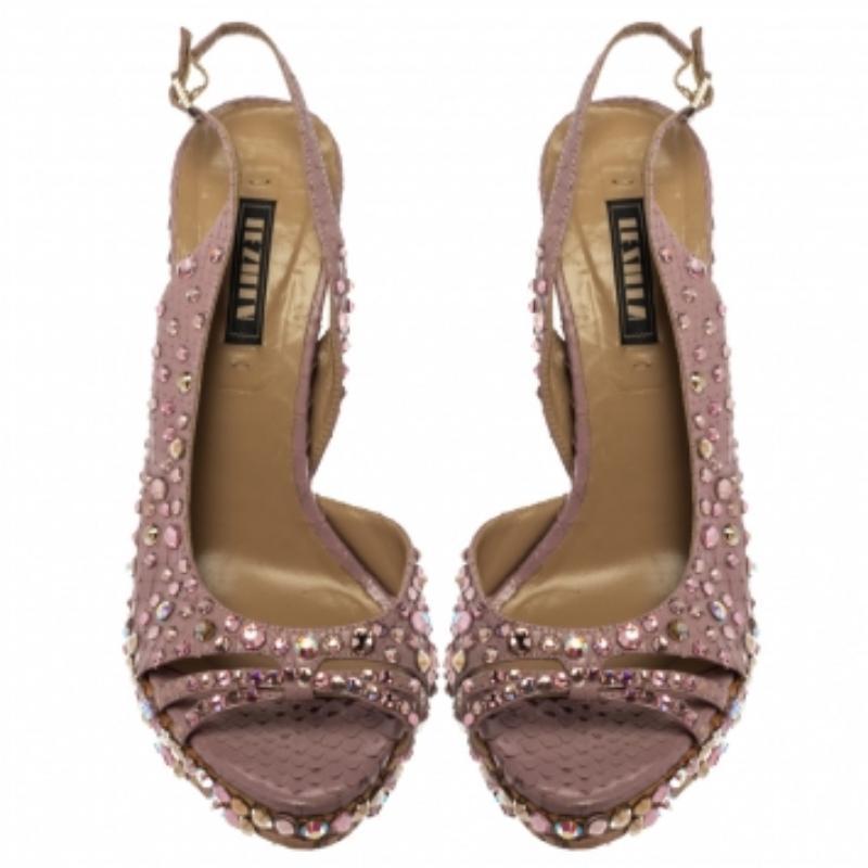Women's Le Silla Purple Crystal Embellished Leather Peep Toe Platform Sandals Size 38 For Sale