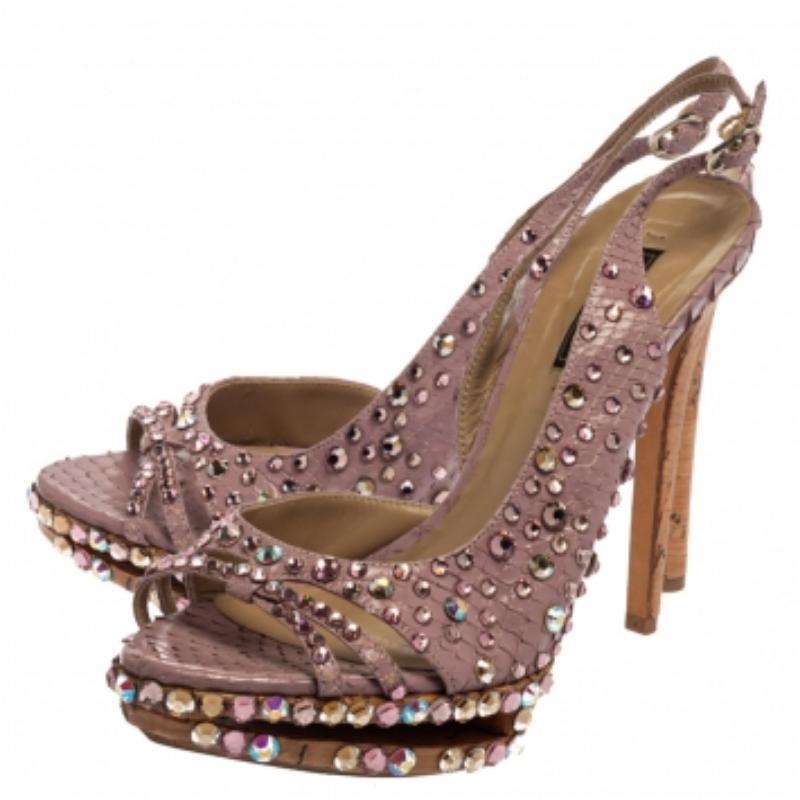 Le Silla Purple Crystal Embellished Leather Peep Toe Platform Sandals Size 38 For Sale 1