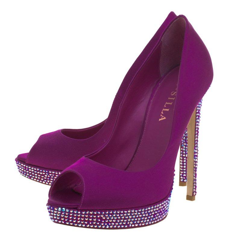 Women's Le Silla Purple Satin Crystal Embellished Platform Peep Toe Pumps Size 38