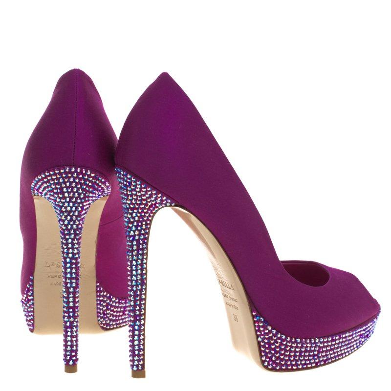Le Silla Purple Satin Crystal Embellished Platform Peep Toe Pumps Size 38 1