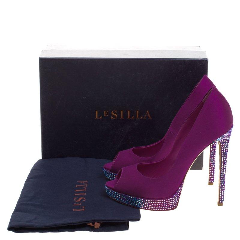 Le Silla Purple Satin Crystal Embellished Platform Peep Toe Pumps Size 38 4