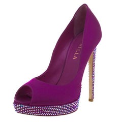 Le Silla Purple Satin Crystal Embellished Platform Peep Toe Pumps Size 38