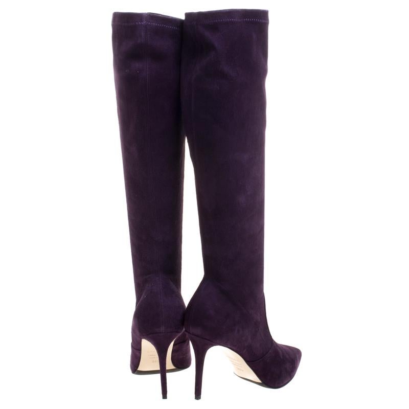Black Le Silla Purple Stretch Velour Knee High Pointed Toe Boots Size 40