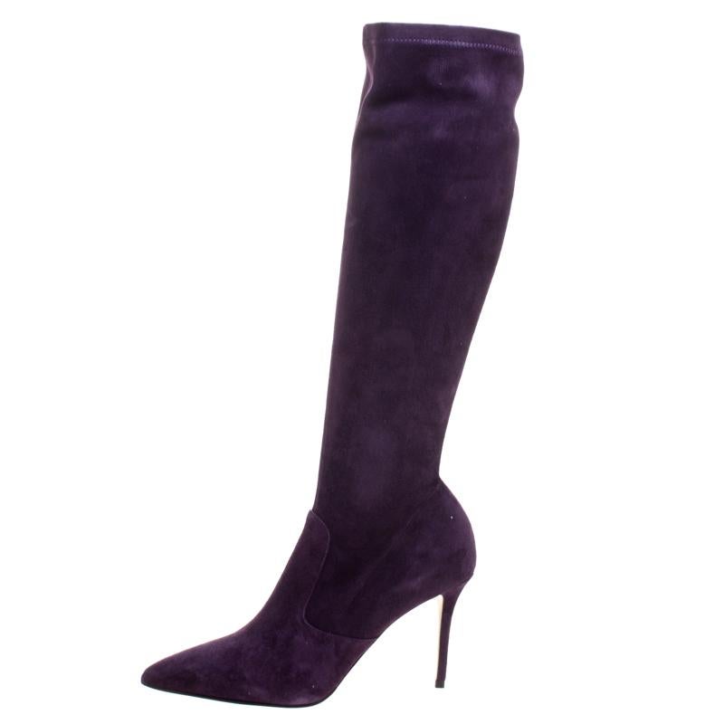 Women's Le Silla Purple Stretch Velour Knee High Pointed Toe Boots Size 40