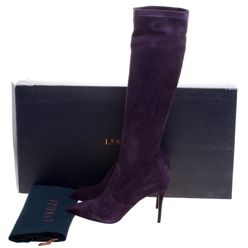 Le Silla Purple Stretch Velour Knee High Pointed Toe Boots Size 40 3