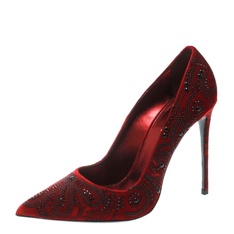 Women's Le Silla Red Crystal Embellished Velvet Pointed Toe Pumps Size 40