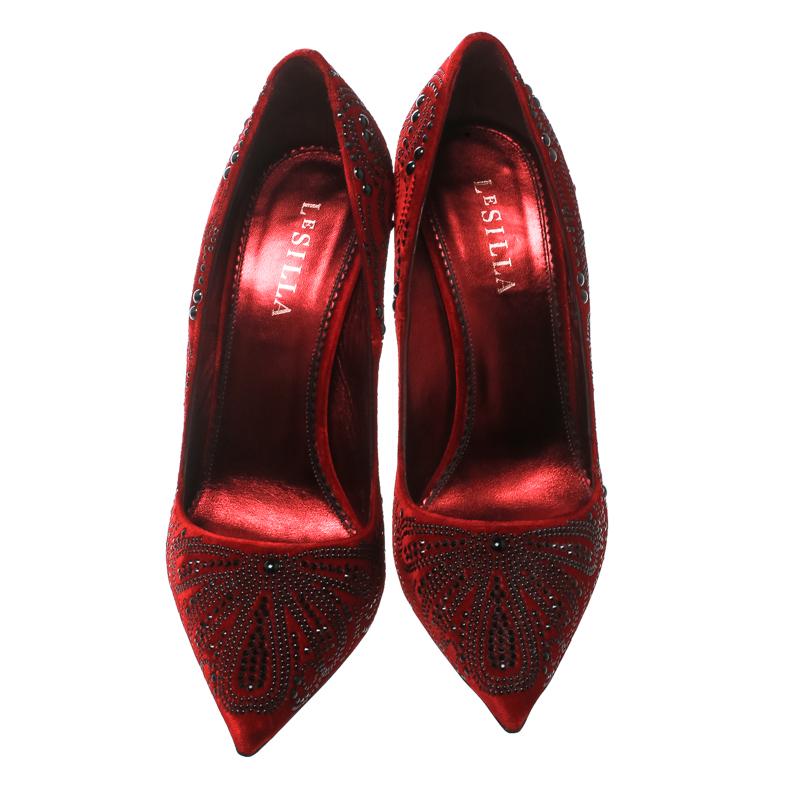 Black Le Silla Red Crystal Embellished Velvet Pointed Toe Pumps Size 40