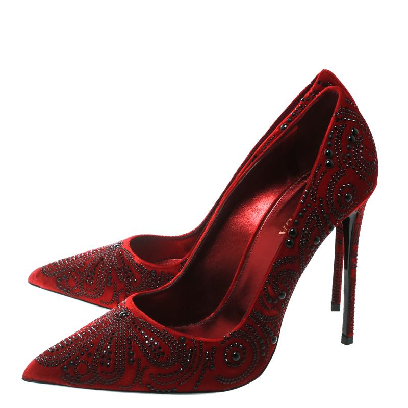 Women's Le Silla Red Crystal Embellished Velvet Pointed Toe Pumps Size 40