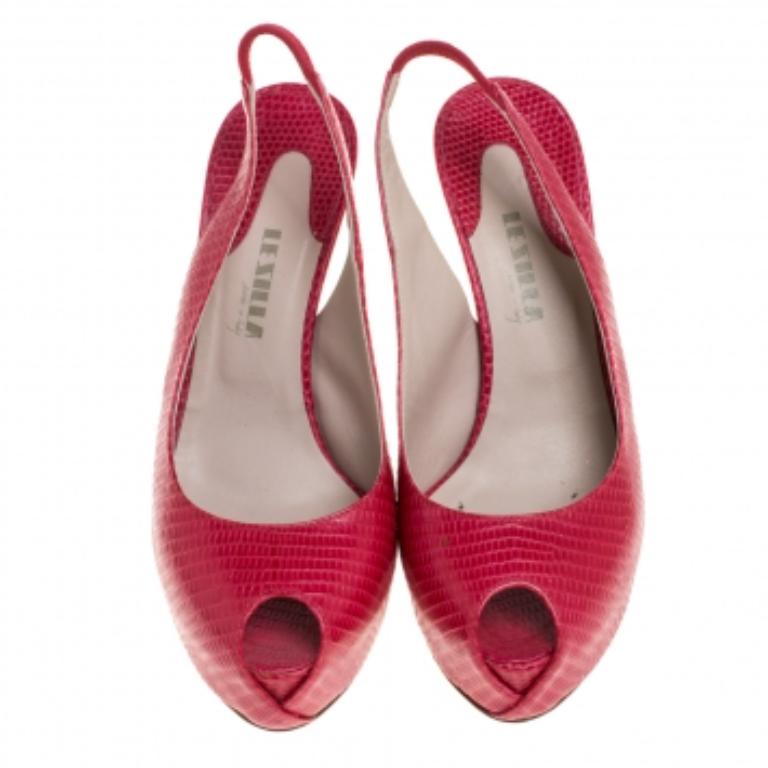 Women's Le Silla Red Lizard Embossed Leather Slingback Platform Sandals Size 39 For Sale