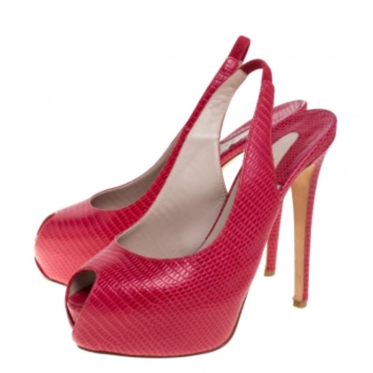 Le Silla Red Lizard Embossed Leather Slingback Platform Sandals Size 39 For Sale 2