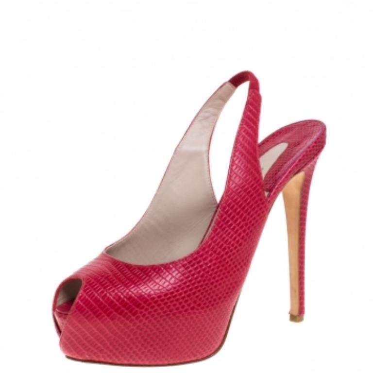 Le Silla Red Lizard Embossed Leather Slingback Platform Sandals Size 39 For Sale 3