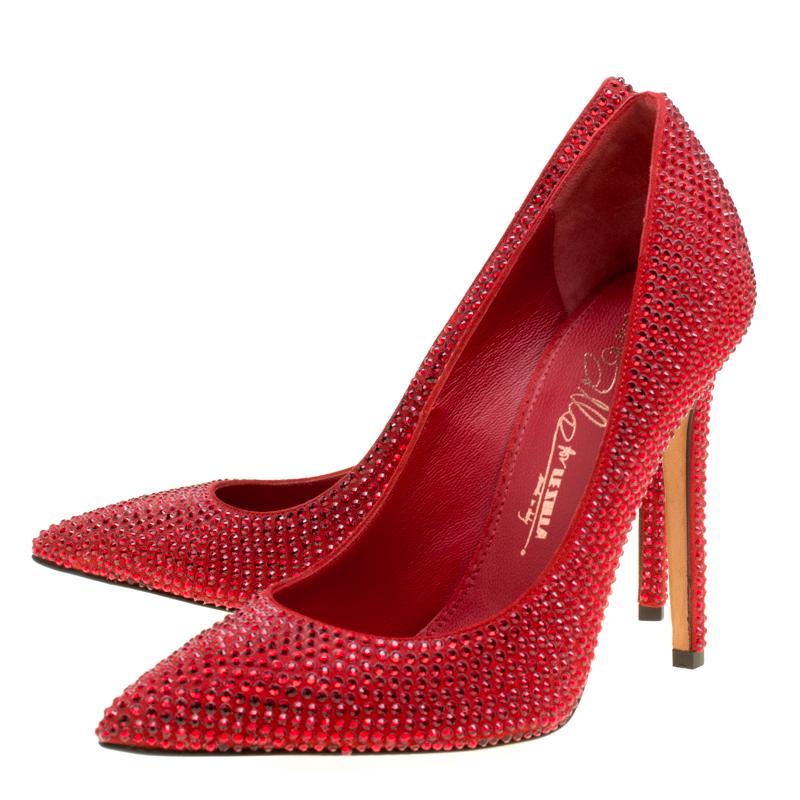 Women's Le Silla Red Suede Crystal Embellished Pointed Toe Pumps Size 36