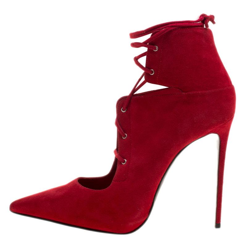 Le Silla Red Suede Lace Up Pointed Toe Ankle Boots Size 40 2