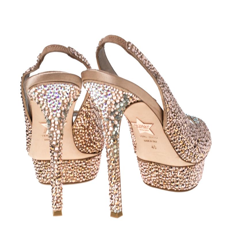 Brown Le Silla Rose Gold Crystal Embellished Limited Peep Toe Platform Sandals Size 40 For Sale
