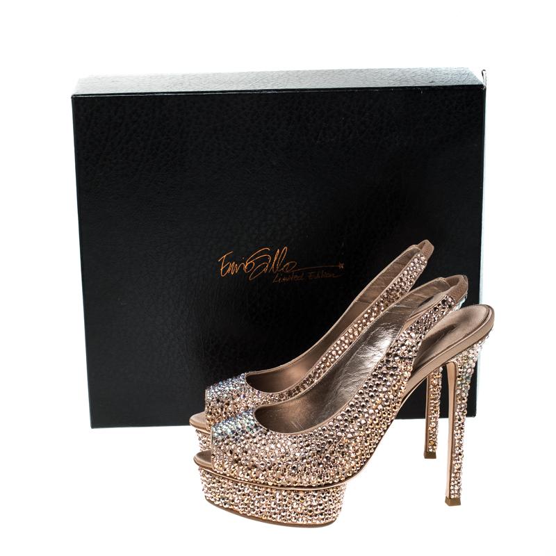 Women's Le Silla Rose Gold Crystal Embellished Limited Peep Toe Platform Sandals Size 40 For Sale