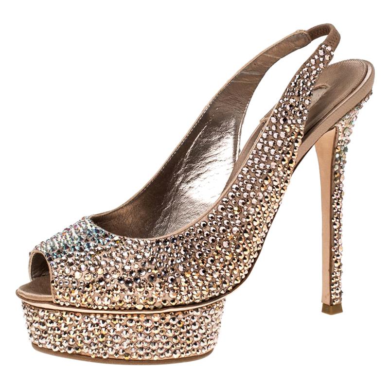 Le Silla Rose Gold Crystal Embellished Limited Peep Toe Platform Sandals Size 40