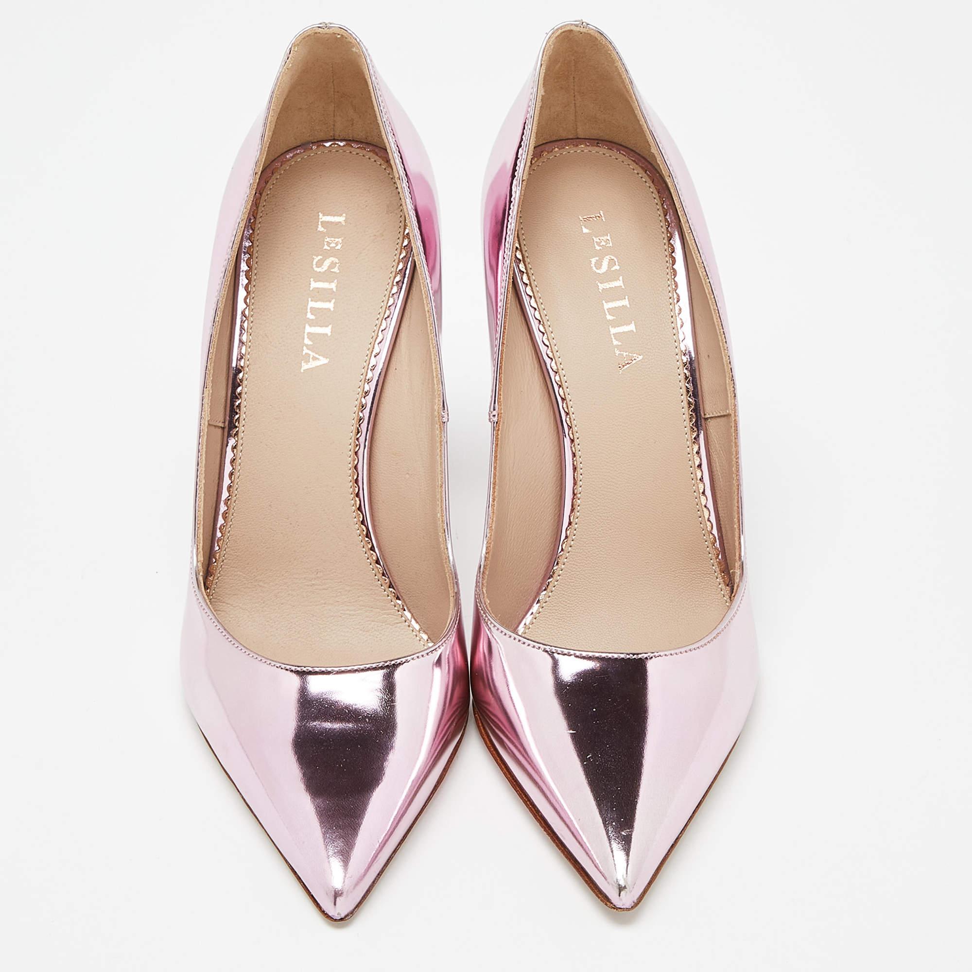Grigio Le Silla Rose Pink Mirror Leather Fergie Iris Pumps Taglia 37.5 in vendita
