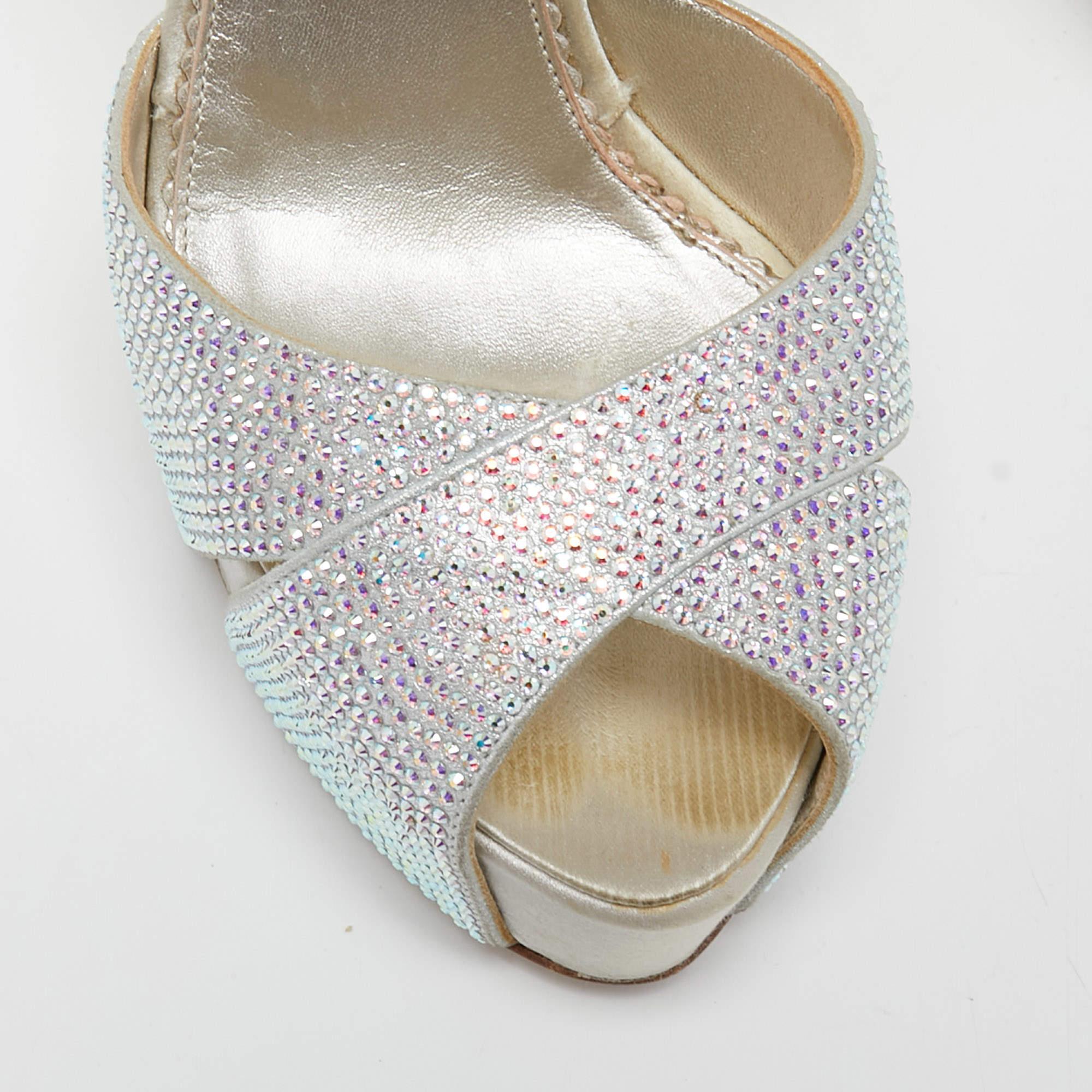 Women's Le Silla Silver Crystal Embellished Cross Ankle Strap Platform Sandals Size 37 For Sale