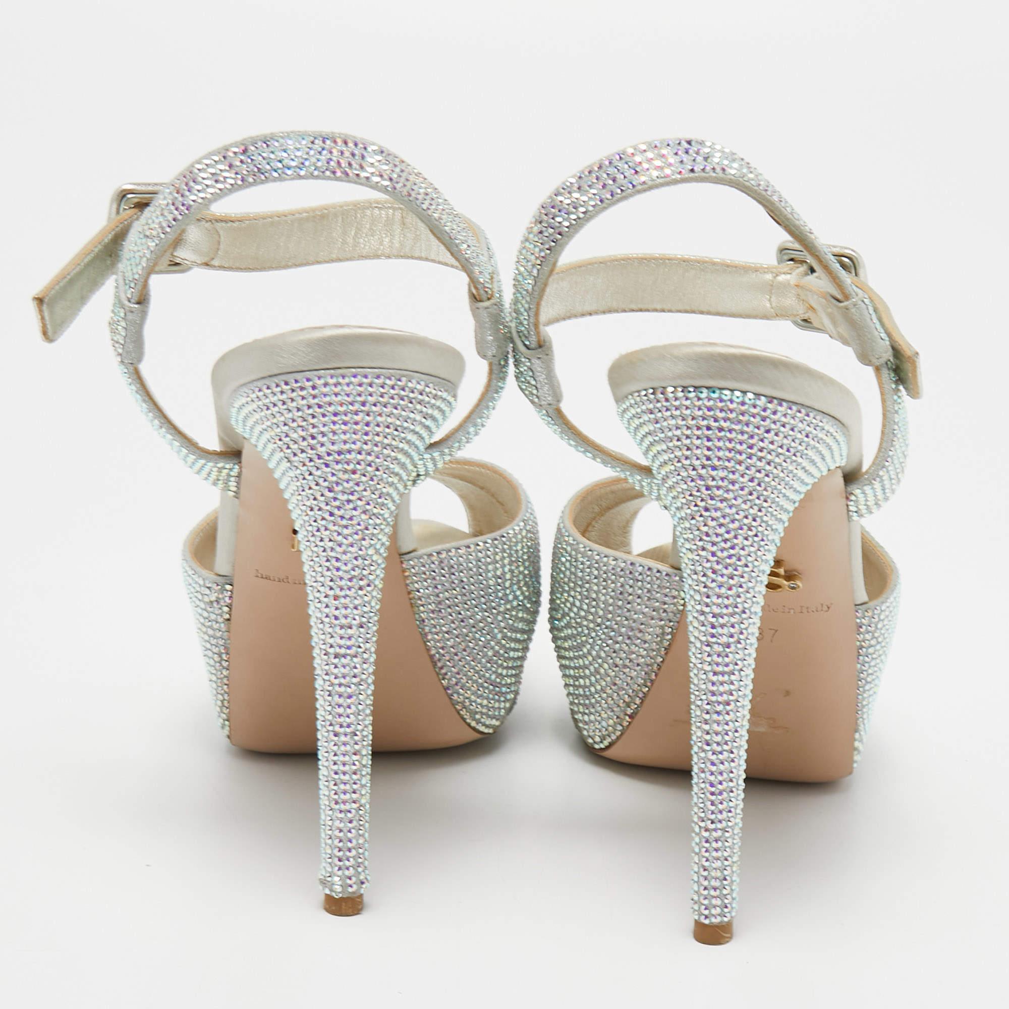 Le Silla Silver Crystal Embellished Cross Ankle Strap Platform Sandals Size 37 For Sale 2