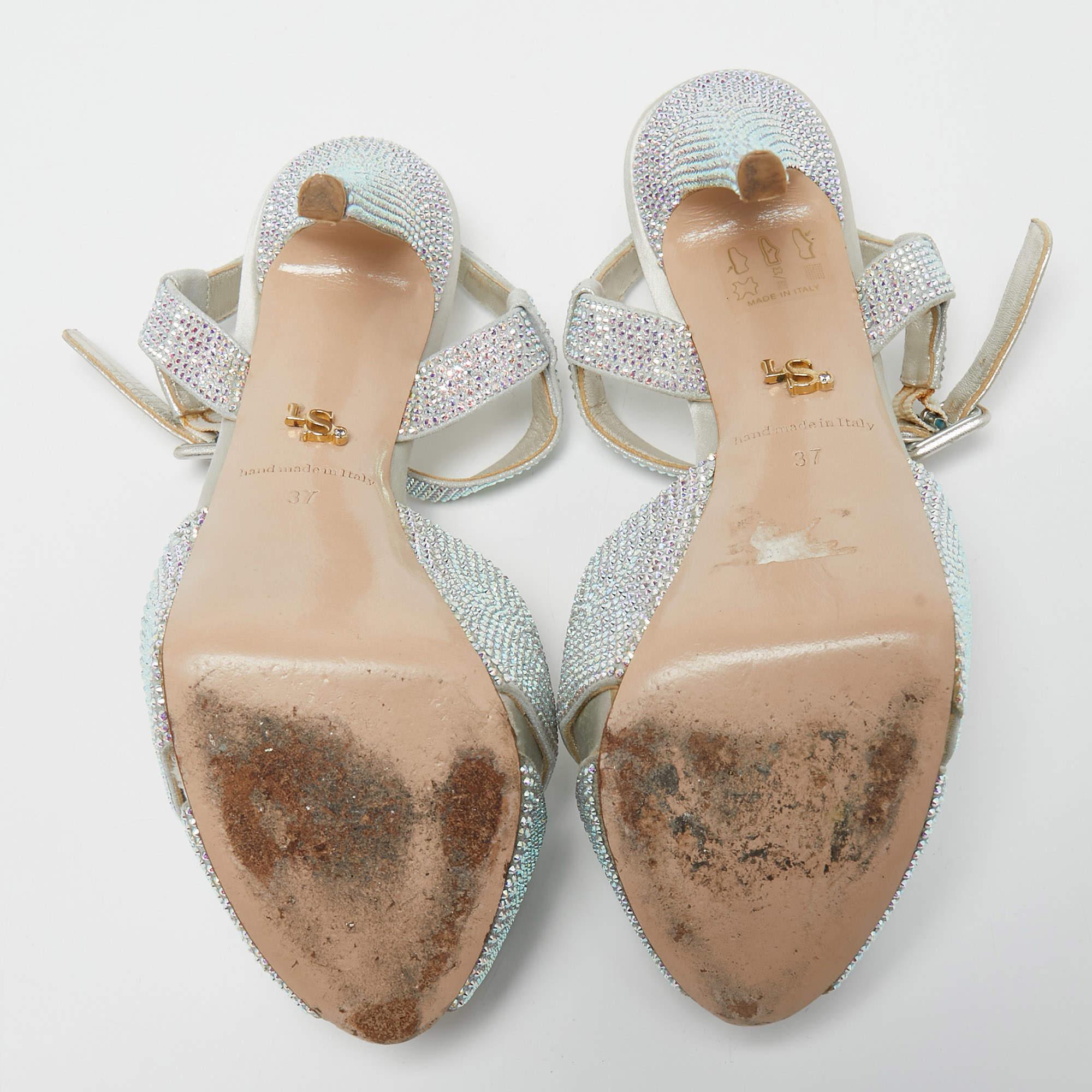 Le Silla Silver Crystal Embellished Cross Ankle Strap Platform Sandals Size 37 For Sale 4