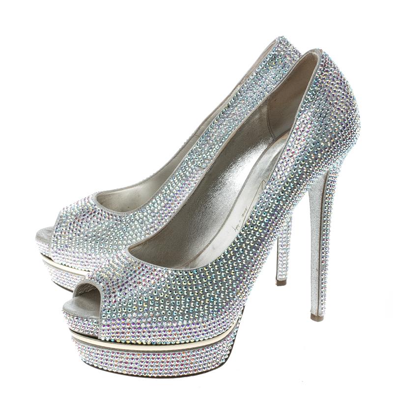 Le Silla Silver Crystal Embellished Leather Peep Toe Platform Pumps Size 39 Damen