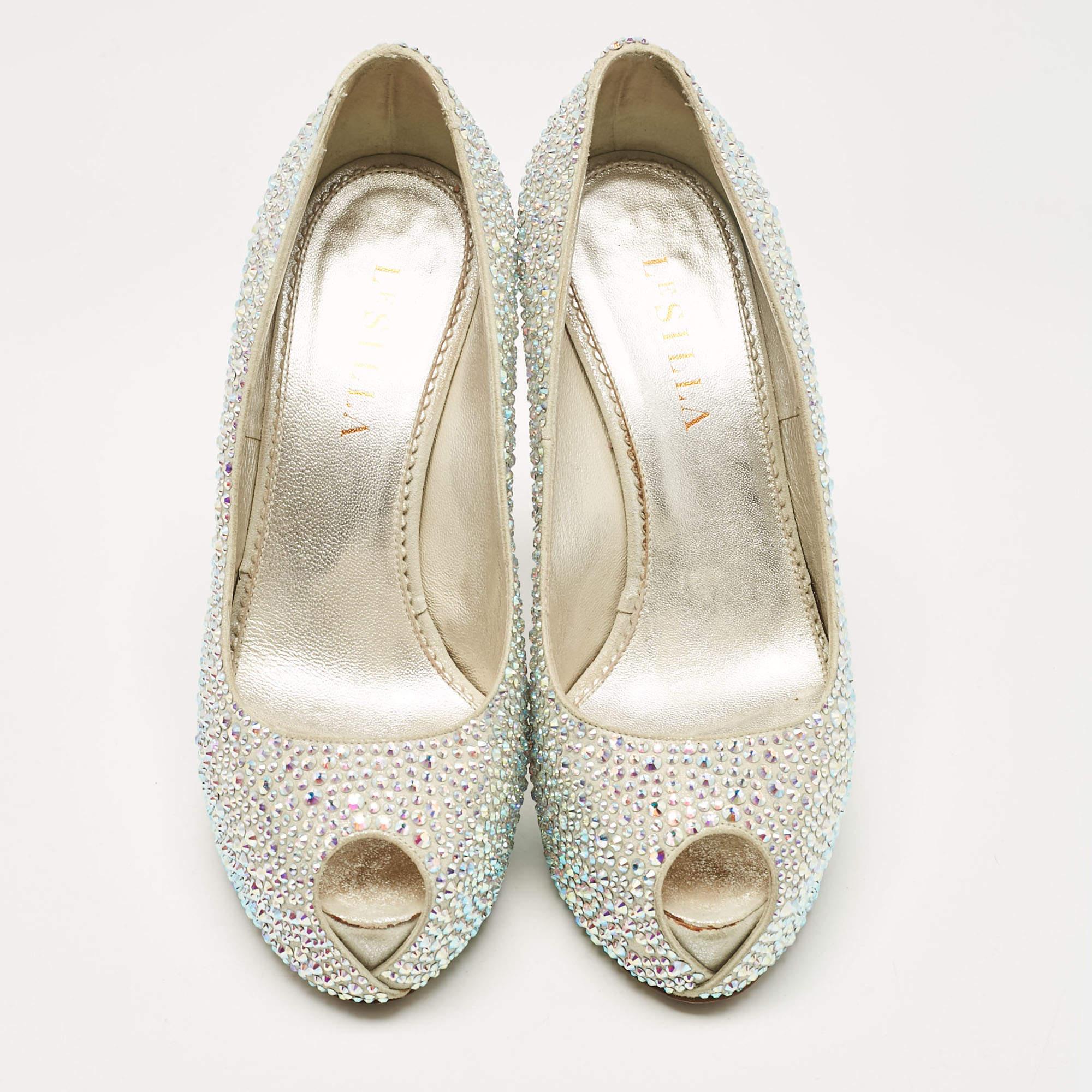 Argento Le Silla Silver Crystal Embellished Suede Peep Toe Platform Pumps Taglia 37