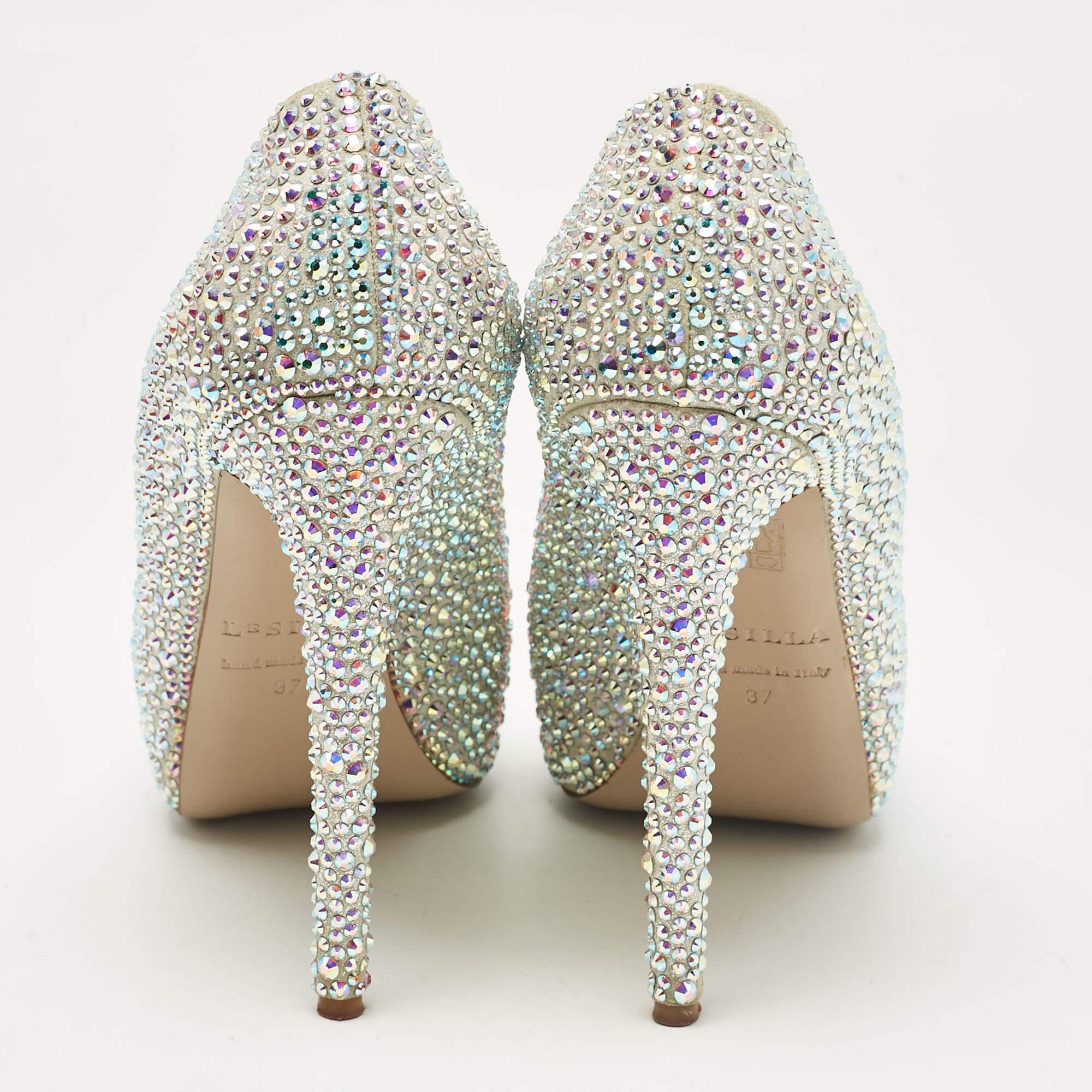 Donna Le Silla Silver Crystal Embellished Suede Peep Toe Platform Pumps Taglia 37