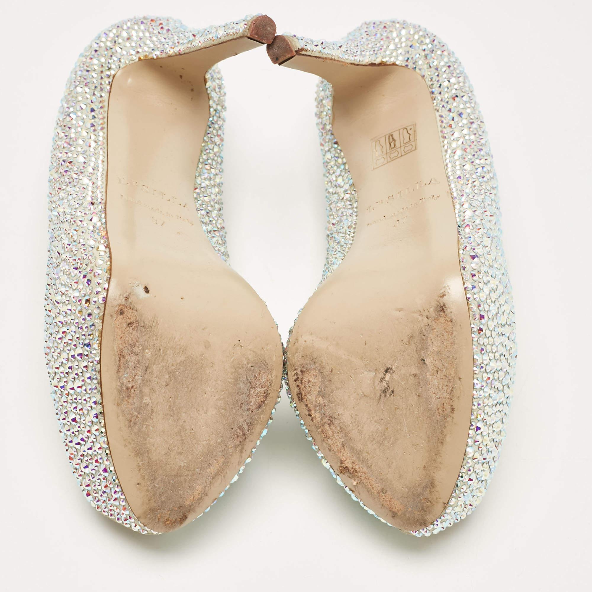 Le Silla Silver Crystal Embellished Suede Peep Toe Platform Pumps Taglia 37 1