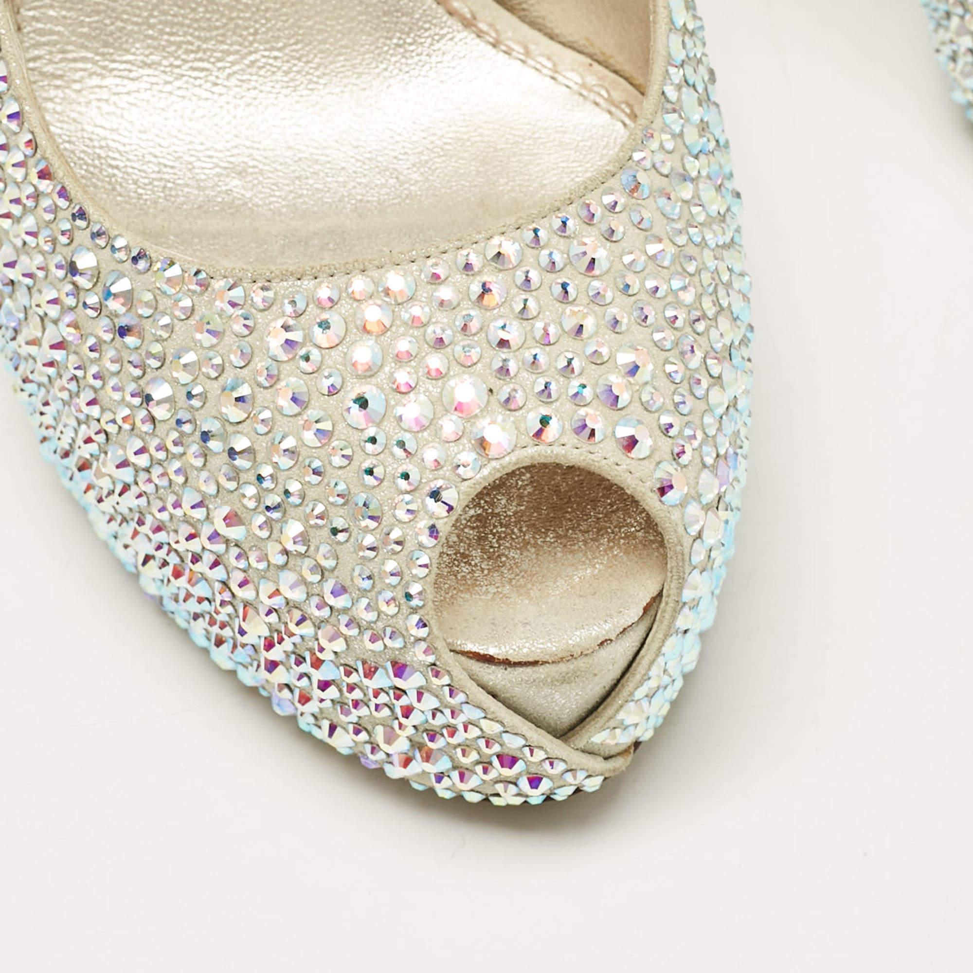 Le Silla Silver Crystal Embellished Suede Peep Toe Platform Pumps Taglia 37 2