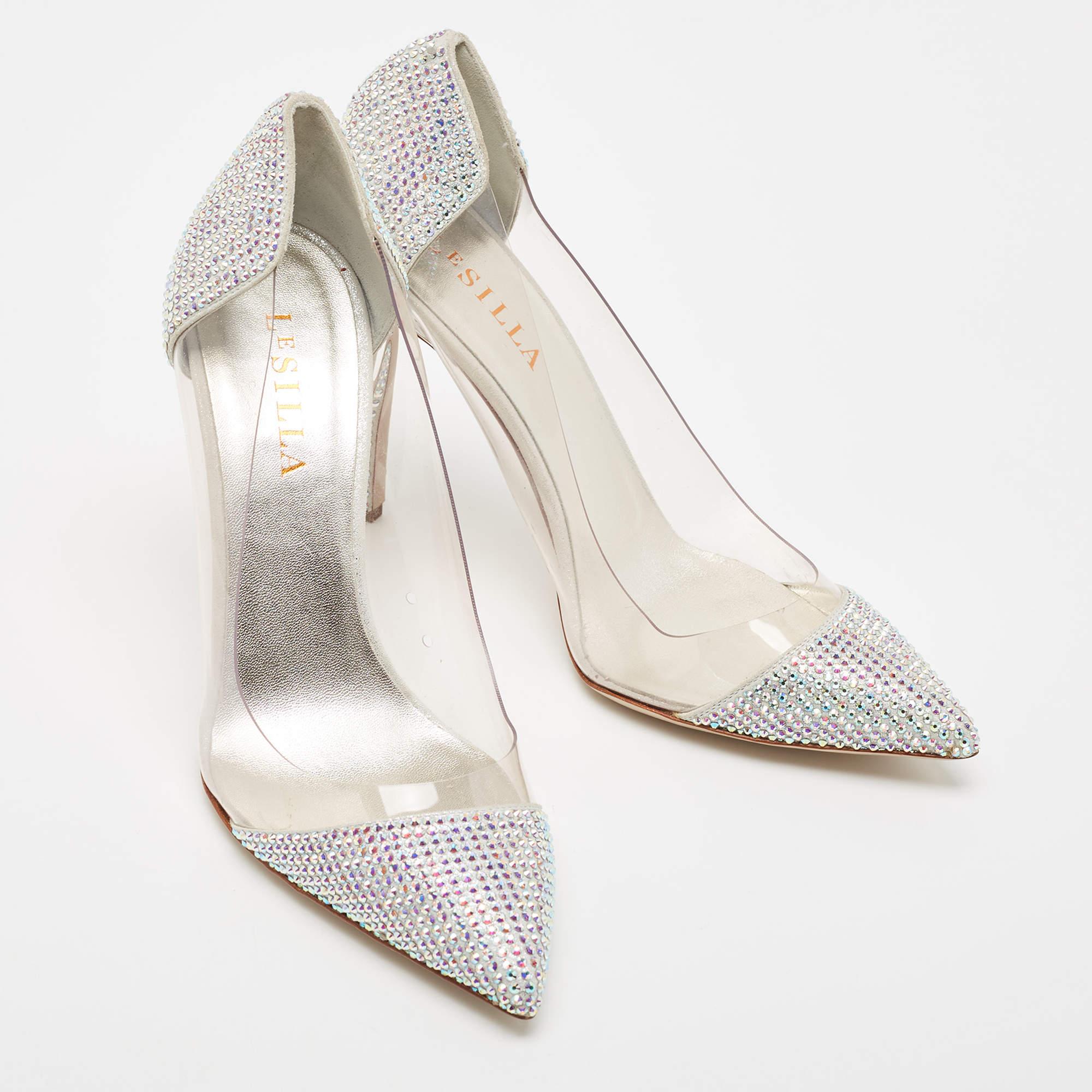 Women's Le Silla Silver Suede and PVC Crystal Embellished Pumps Size 39.5 For Sale
