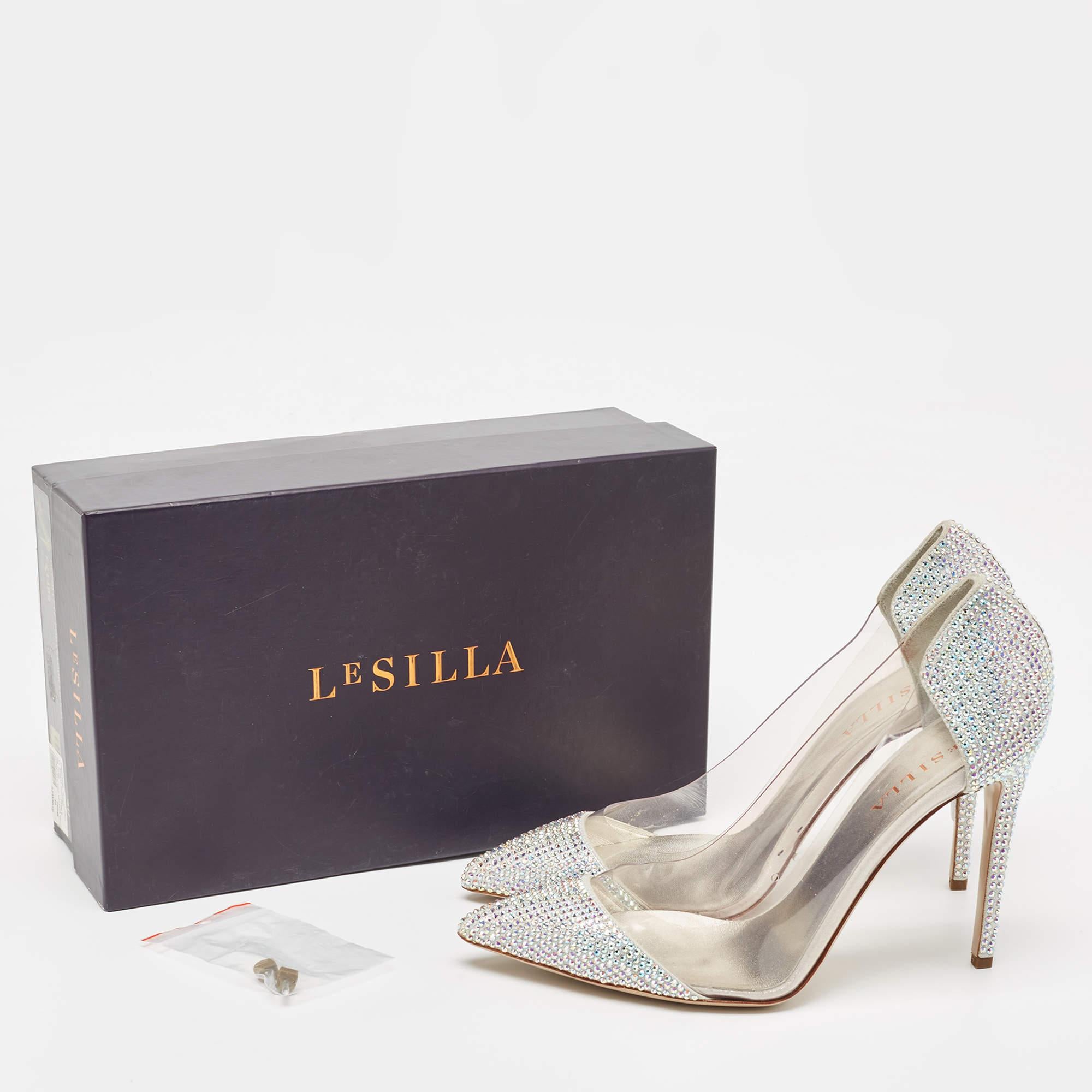 Le Silla Silver Suede and PVC Crystal Embellished Pumps Size 39.5 For Sale 5