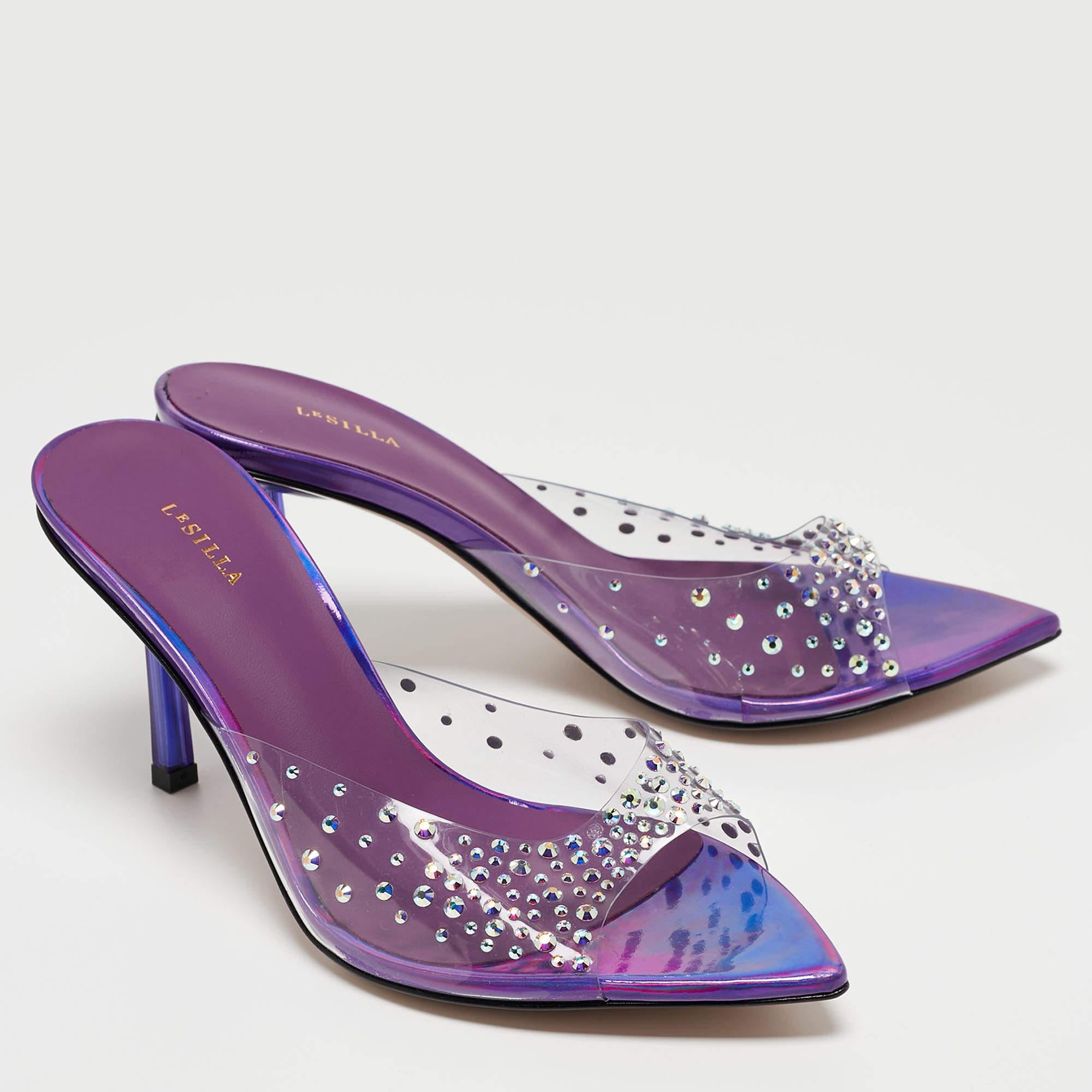 Gray Le Silla Transparent/Purple Crystal Embellished PVC Slide Sandals Size 36