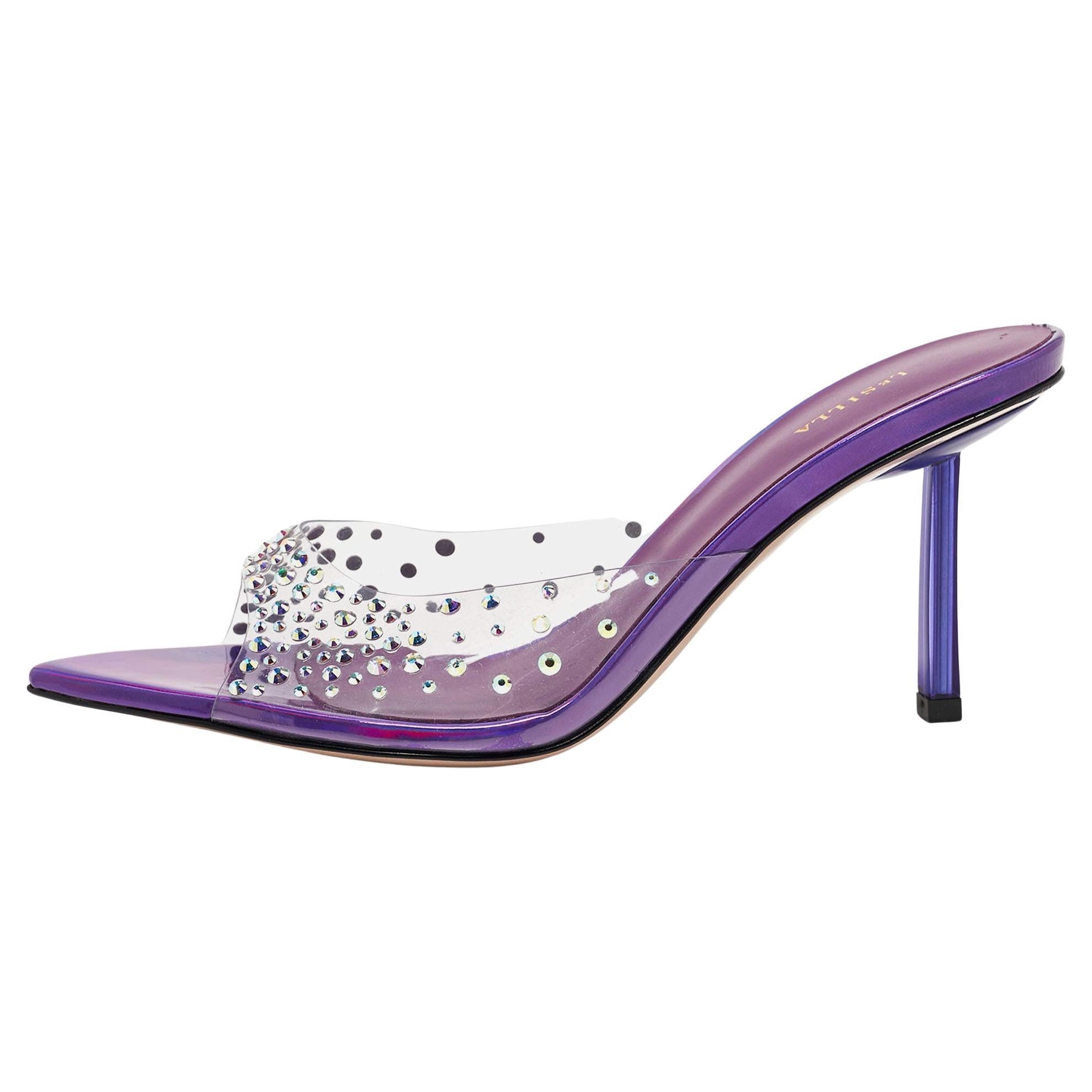 Le Silla Transparent/Purple Crystal Embellished PVC Slide Sandals Size 36