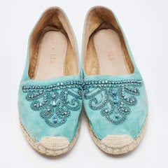 Le Silla Turquoise Suede and Leather Crystal Embellished Espadrille Size 39