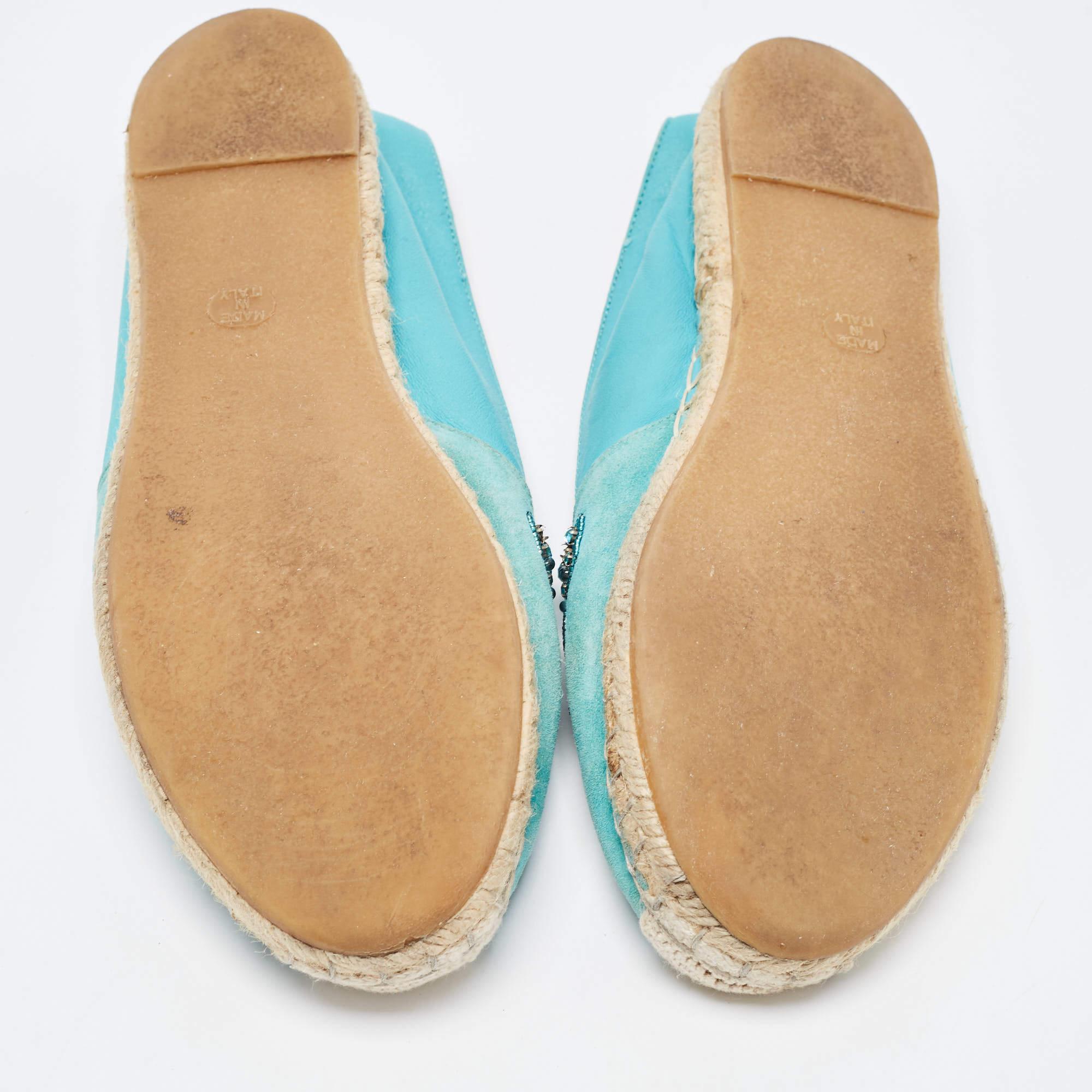 Le Silla Turquoise Suede and Leather Crystal Embellished Espadrille Size 39 For Sale 1