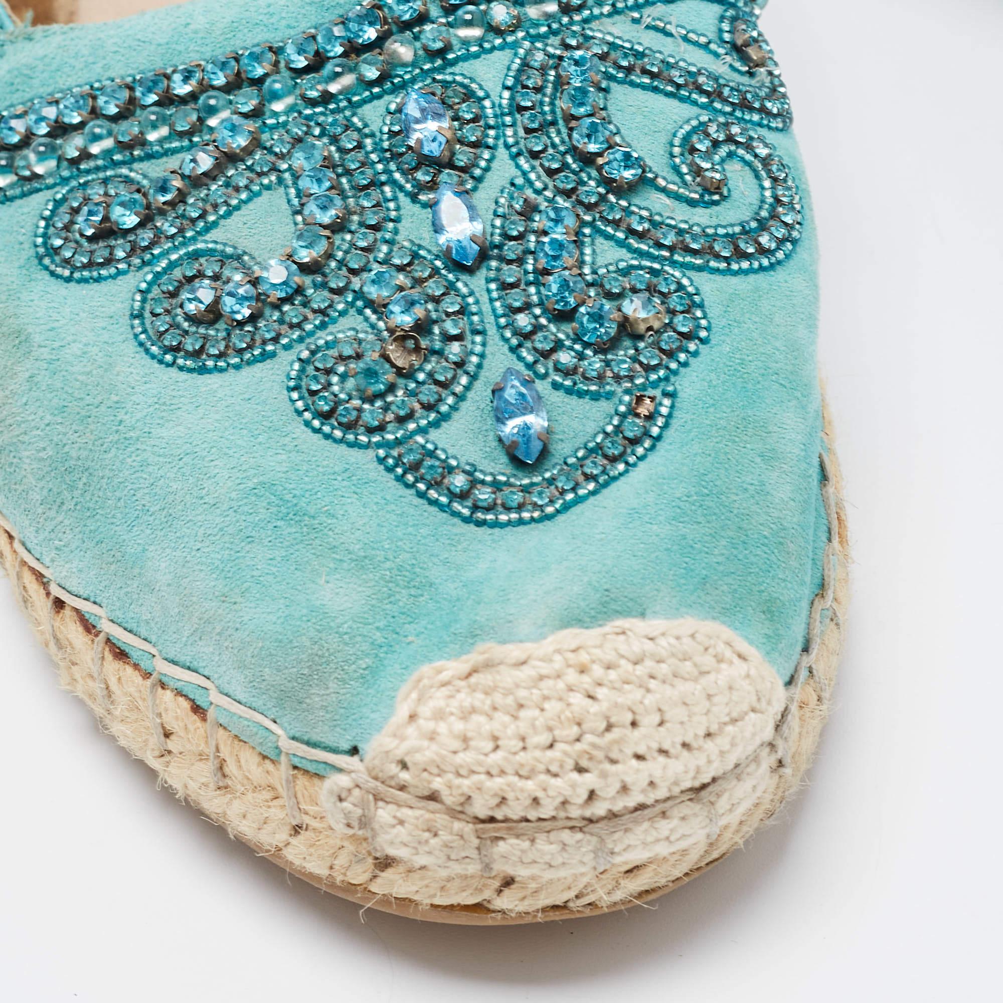Le Silla Turquoise Suede and Leather Crystal Embellished Espadrille Size 39 For Sale 3