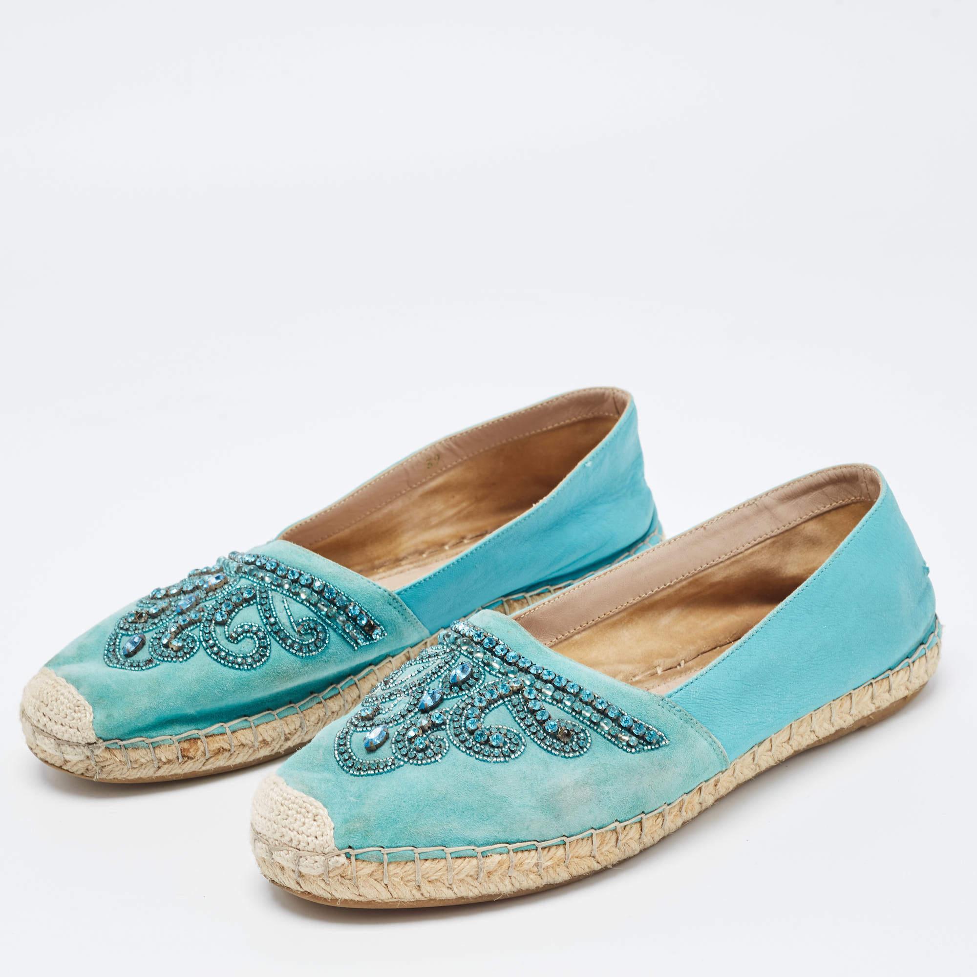 Le Silla Turquoise Suede and Leather Crystal Embellished Espadrille Size 39 For Sale 4