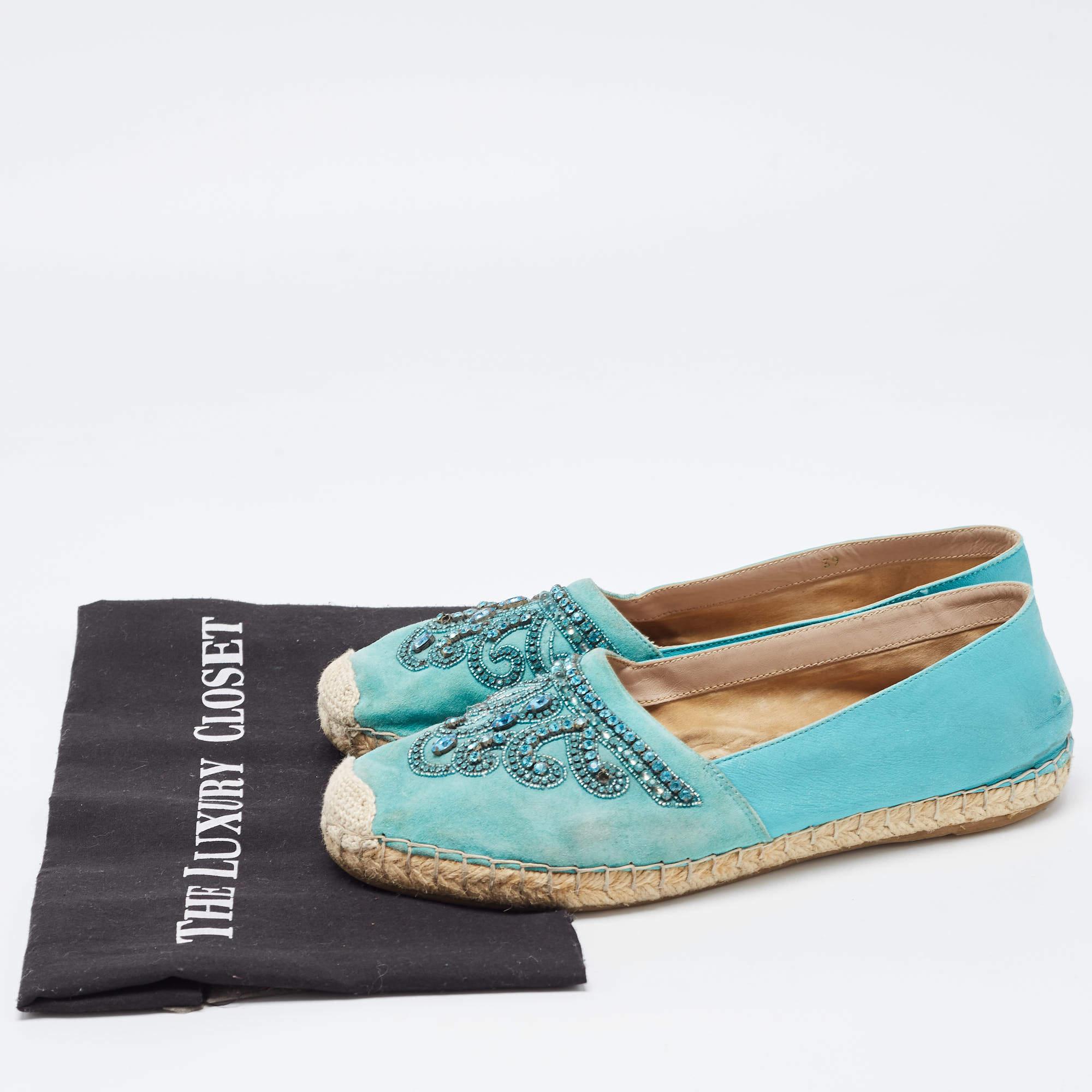 Le Silla Turquoise Suede and Leather Crystal Embellished Espadrille Size 39 For Sale 5