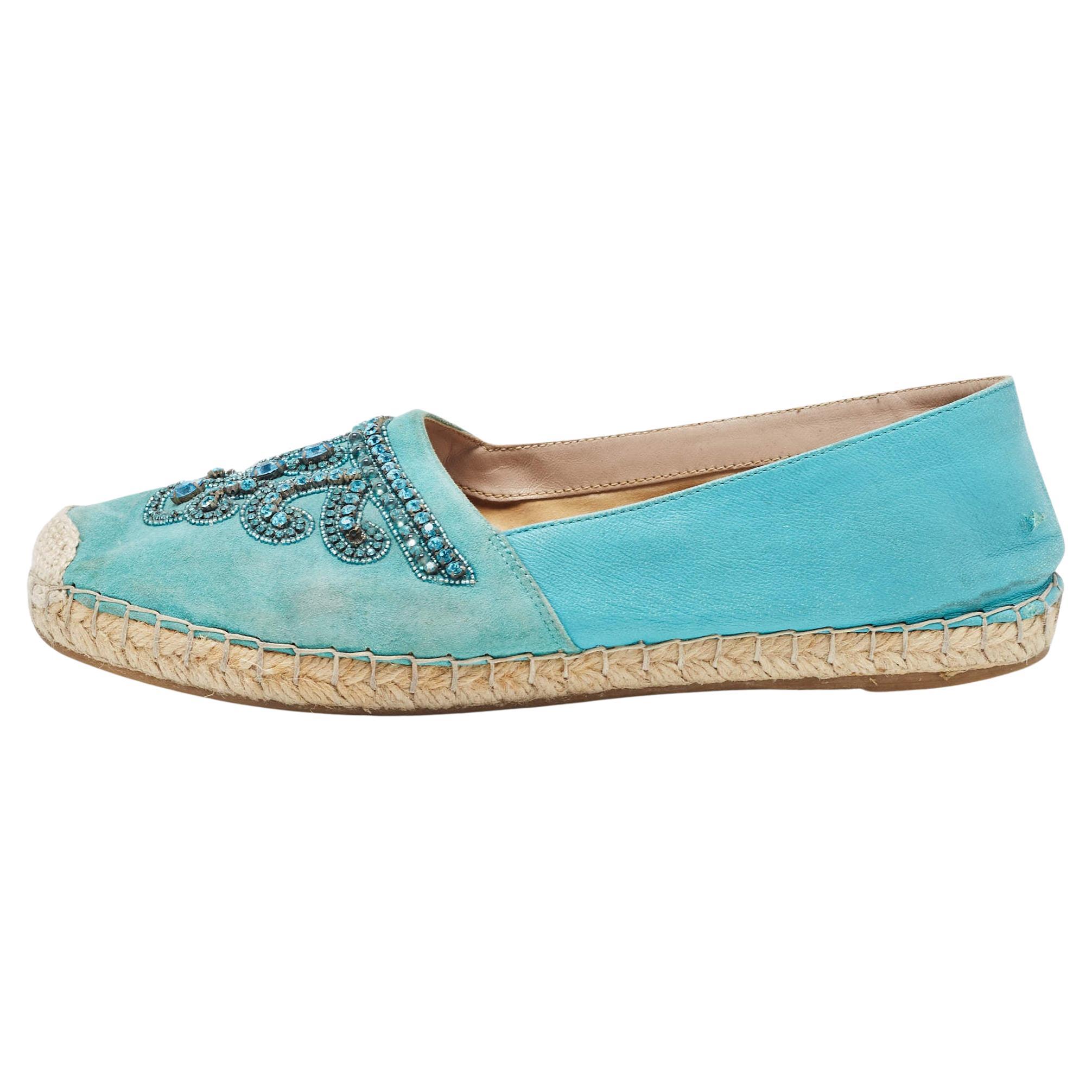 Le Silla Turquoise Suede and Leather Crystal Embellished Espadrille Size 39 For Sale